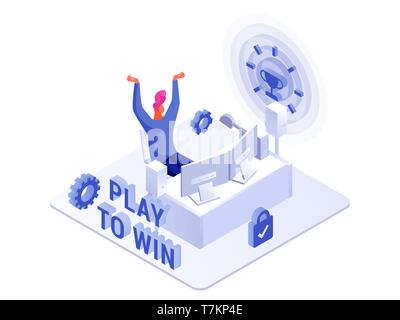 Gaming PC arbeiten und Geld verdienen im Internet video Spiele Vektor isometrische Darstellung. Auf weiß Isoliert Stock Vektor