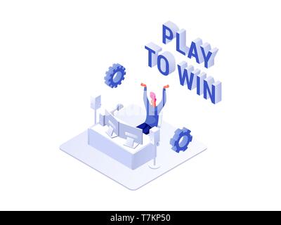 Mann sitzt in der Nähe der modernen professionellen Gaming PC arbeiten und Geld verdienen im Internet video Spiele Vector Illustration. Auf weiß Isoliert Stock Vektor