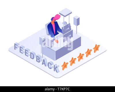 Mann sitzt in der Nähe von professionellen Computer Kopfhörer tragen. Feedback oder Bewertung Konzept. Auf weiß Isoliert Stock Vektor