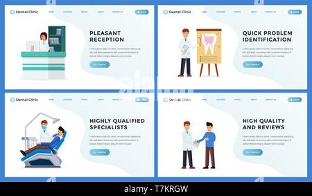 Zahnmedizinische Klinik Landung Webseite Set Vector Illustration. Mit angenehmen Empfang Vorlage, schnelle Problemerkennung, hochwertige Spezialisten und Bewertungen Flat Style Konzept. Für text Stock Vektor