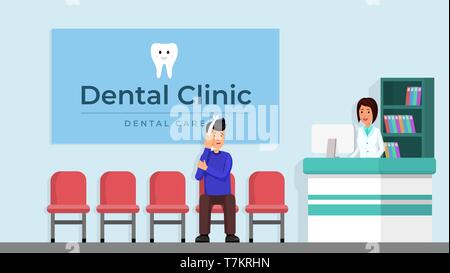 Patienten mit Zahnschmerzen sitzen in Stomatologie. Empfang in der Zahnklinik. Vektor Flat Style Abbildung. Dentalcare Konzept Stock Vektor