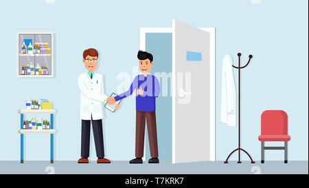 Patienten Handshake mit Arzt in einer Klinik. Klinik innere vector Flat Style Design Vector Illustration. Zahnmedizinische, Gesundheitswesen, ärztliche Untersuchung oder Überprüfung Konzept Stock Vektor