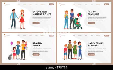 Zusammensetzung bestehen aus Webseite Vorlage jeden Moment des Lebens genießen, Kind Planung, gesunde Familie, glücklich Urlaub Vector Illustration. Leute stehen und lächelnd mit Verwandten. Für text Stock Vektor