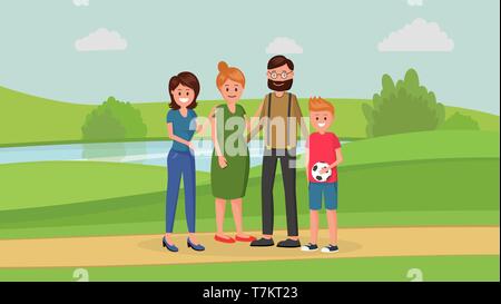 Mutter und Vater mit zwei Kindern verschiedenen Alters jüngeren Jungen und älteren Mädchen im Park Flat Style Vector Illustration. Familienkonzept Stock Vektor