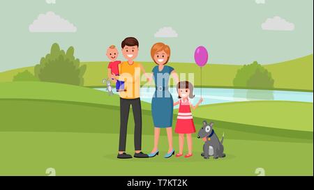 Glückliche Eltern mit Kindern und Hund im Park Flat Style Vector Illustration. Happy Family Wanderungen rund um die Stadt park Stock Vektor