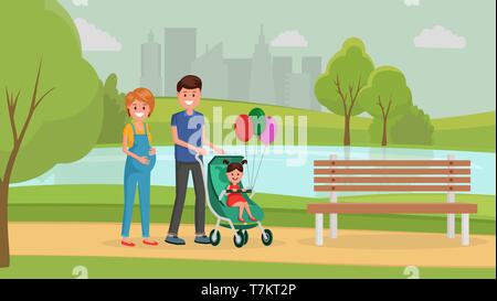 Cartoon Mutter und Vater gehen mit neugeborenen Tochter im Kinderwagen in den städtischen Sommer Park außerhalb Vector Illustration. Junges Paar großer Tag zusammen. Stadt Landschaft im Hintergrund Stock Vektor