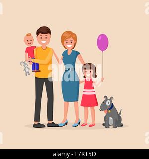 Glückliche Eltern mit Kindern und Hund Flat Style Vector Illustration. Glück von parenting Konzept Stock Vektor