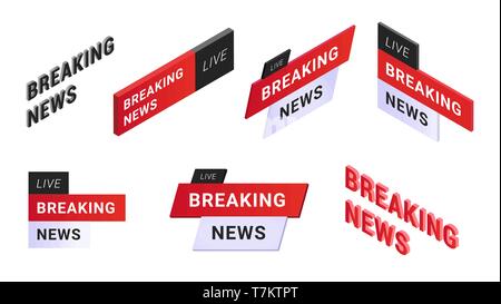 Einstellen der breaking news labels Emblem in einem weiß schwarz-rotem Farbschema in verschiedenen Arten von drucken Vector Illustration. Auf weissem Hintergrund Stock Vektor
