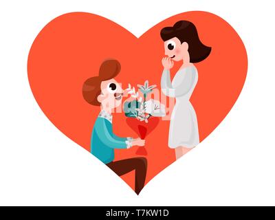 Lächelnd Mann stand am Knie macht Heiratsantrag Holding big bouquet. Überrascht Frau vor geliebter Vector Illustration. Schönes glückliches Paar. Auf weiß Isoliert Stock Vektor