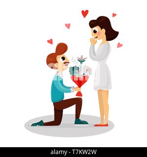 Mann stand am Knie macht Heiratsantrag. Gentleman mit Blumen und glückliche Frau Flat Style cartoon Vektor-illustration isoliert auf weißem Hintergrund Stock Vektor