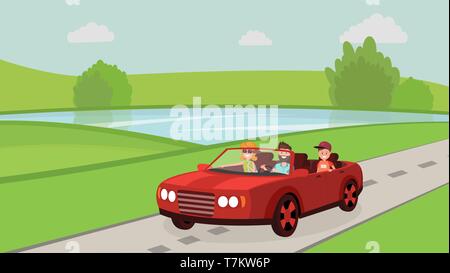 Happy Family Fahrten mit dem Auto auf Urlaub Flat Style Vector Illustration Stock Vektor