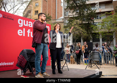 Barcelona, Spanien - 07. Mai 2019: Bürgermeister der Stadt Ada Colau gibt eine Pressekonferenz beim Wahlkampf für die Partei "Barcelona en comù" in Guinardo n Stockfoto