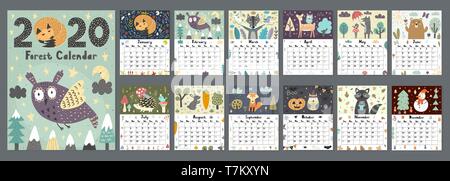 Wald Kalender für das Jahr 2020 Jahr. Druckbaren Planer von 12 Monaten mit niedlichen tieren. Woche beginnt am Sonntag, 8,5x11 Zoll Größe. Vector Illustration Stock Vektor