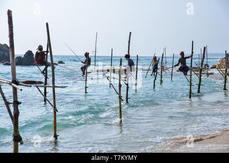 AHANGAMA, SRI LANKA - Januar 4, 2107: Die lokalen Fischer fischen in den einzigartigen Stil. Die steht auf dem einzigen Holz Pole kann nur in dieser gefunden In Stockfoto