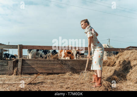Eine schöne Frau auf einem Bauernhof Feeds das Vieh mit Heu Stockfoto