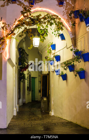 Barcelona, Katalonien, Spanien - November 17, 2018: Die schöne Nacht Blick auf einer beleuchteten Gasse und Gebäuden in der open-air-Poble Espanyol arc Stockfoto