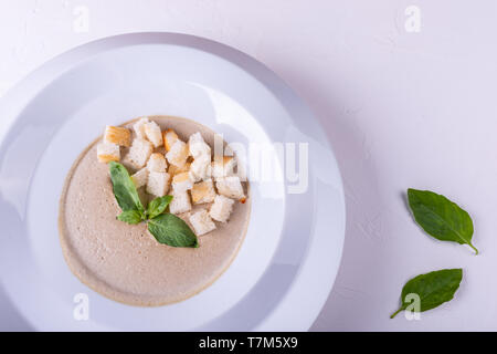 Pilz cremesuppe in einer weißen Platte und auf weißem Hintergrund Stockfoto