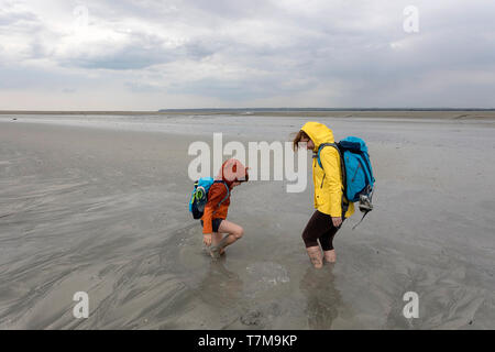Mutter und Sohn Spaß beim im Treibsand Versinken in der Bucht des Mont Saint Michel, Normandie, Frankreich Stockfoto