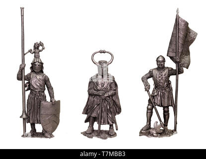 Zinnfiguren mittelalterlichen Ritter. Set mit 3 Rittern. Ritter mit Fahne. Stockfoto