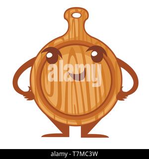 Runde Holz Schneidebrett. Küchengerät Maskottchen. Cartoon Character Design. Flache Vector Illustration auf weißem Hintergrund. Stock Vektor