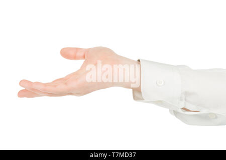 Mann die Hände in weißem Hemd Holding etwas. Auf weißen, Beschneidungspfade getrennt ausgewiesen Stockfoto