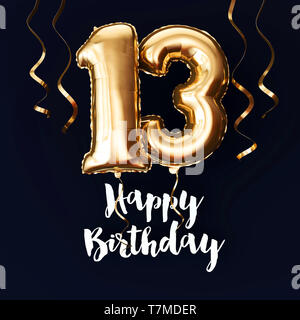 Glücklich 13. Geburtstag gold Folie Luftballon Hintergrund mit Bändern. 3D-Rendering Stockfoto