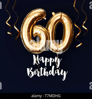 Happy 60th birthday Goldfolie ballon Hintergrund mit Bändern. 3D-Rendering Stockfoto