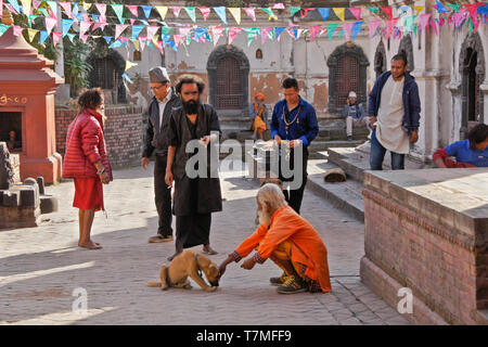 Ein Hindu heilige Mann (Sadhu) Feeds ein Hund im Hof von einem Tempel in Pashupatinath, Tal von Kathmandu, Nepal Stockfoto
