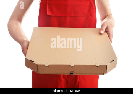 Lieferung Frau mit Pappe pizza box auf weißem Hintergrund Stockfoto