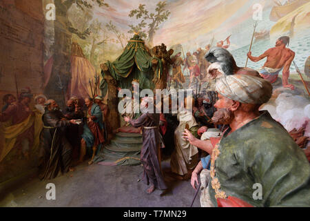 Italien, Piemont, Lago d'Orta, Orta San Giulio, der Sacro Monte, der Hl. Franziskus von Assisi über 20 Kapellen, geschmückt mit Fresken und mit überraschenden terra cotta Statuen in Lebensgröße, unter Sacri Monti im Piemont und der Lombardei listes als Weltkulturerbe von der UNESCO, Kapelle 14, Saint Francis erfüllt der Sultan von Ägypten, Skulpturen von Carlo Beretta gewidmet Stockfoto