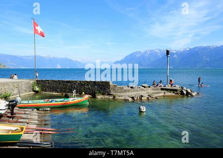 Schweiz, Kanton Waadt, Genfer See, Bezirk Lavaux Oron, Bourg-en-Lavaux, Cully, Chablais massiv in Frankreich im Hintergrund Stockfoto