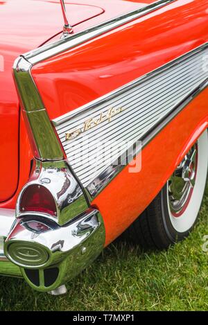 United States, New England, Massachusetts, Beverly, antike Autos, 1957 Chevrolet Bel Air, Schwanzflosse Stockfoto