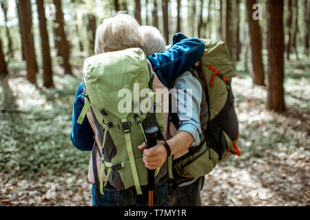 Schönes älteres Paar umarmen im Wald beim Wandern mit Rucksäcken, Rückansicht Stockfoto