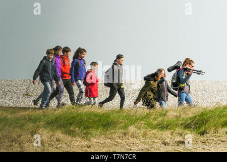 Eine Gruppe von Amateur-ornithologen sieht für Seevögel im Le Cayeux-sur-Mer, Baie de Somme, Frankreich Stockfoto