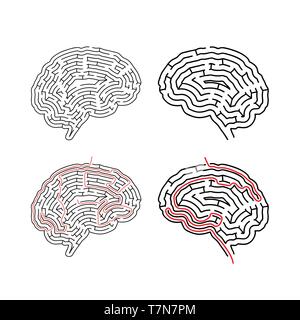 Zwei komplizierten Labyrinthe in Gehirn Form, Labyrinthe mit Roter Pfad Lösungen isoliert auf weißem Stock Vektor