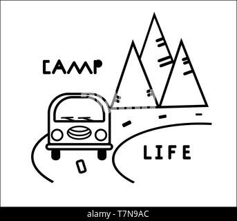 Bus, Straßen- und Berge. Stilisierte schwarze und weiße Konturen Abbildung. Vektor Konzept für Logo, t-shirt, Stempel. Karte drucken für Typografie. Aufkleber auf Stock Vektor