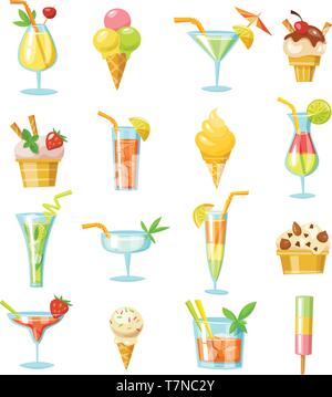 Vektor einrichten von Cocktails und Eis Symbole. Sommer trinken und essen Infografik Elemente. Stock Vektor