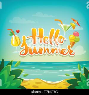 Hallo Sommer vektor Plakat mit Ocean Beach und Cocktails Stock Vektor