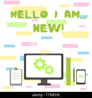 Schreiben Hinweis angezeigt Hallo ich bin neu. Business Konzept für verwendet als Begrüßung oder Telefon Gespräch zu beginnen. Stockfoto