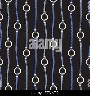 Blue Nautical Seile und Kettenglieder Streifen auf schwarzem Hintergrund Vektor nahtlose Muster. Trendy Marine Drucken. Leinen und Ketten Mode Drucken. Meer, Oce Stock Vektor