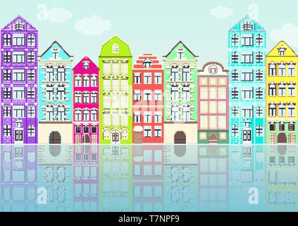 Nahtlose Grenze mit bunten flachen Häuser, städtische Landschaft, Stadt, Hintergrund. Süße bunte helle Europäischen gemauerte Häuser in der Zeile mit blauem Himmel und c Stock Vektor