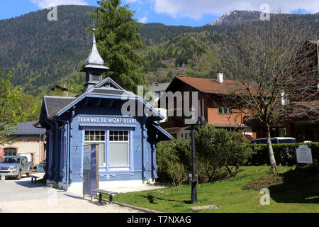 Départ de la ligne à crémaillère du Tramway du Mont Blanc (TMB) de La Compagnie du Mont-Blanc. Le Fayet. Saint-Gervais-les-Bains. Stockfoto