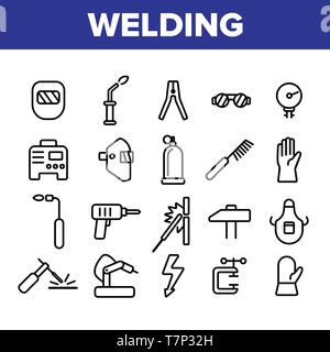 Schweißgeräte lineare Symbole Vektor einrichten. Bau, Schweißen, Löten Werkzeuge, Material dünne Linie Icons Collection. Schweißer Instrumente, schützende Gea Stock Vektor
