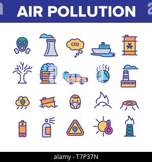 Umwelt Luftverschmutzung lineare Symbole Vektor einrichten. Smog, giftige Abfälle, CO2 Luftverschmutzung dünne Linie Abbildungen Pack. Factory Rauch, Gas, Staub Ecosy Stock Vektor
