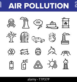 Umwelt Luftverschmutzung lineare Symbole Vektor einrichten. Smog, giftige Abfälle, CO2 Luftverschmutzung dünne Linie Abbildungen Pack. Factory Rauch, Gas, Staub Ecosy Stock Vektor
