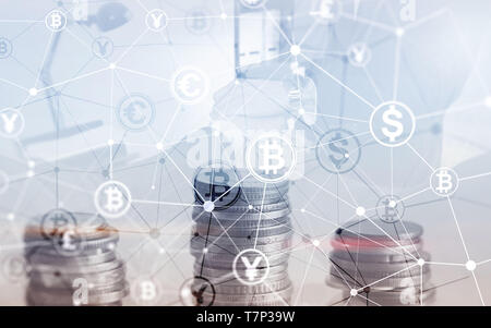 Bitcoin Euro Dollar Finanzen Web Geld Konzept. oins auf virtuellen Bildschirm Double Exposure. Stockfoto