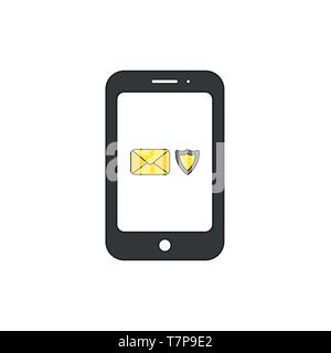 Vektor icon Konzept der verschlossenen Umschlag mit Shield guard innen schwarz Smartphone. Stock Vektor