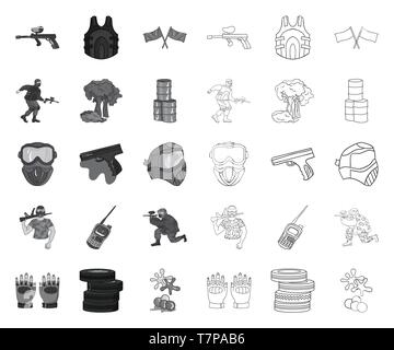 Kunst, Bälle, Fässer, Barricade, blau, Sammlung, Wettbewerb, Design, Ausstattung, Feld, fingerlose, Fahnen, Spiel, Handschuhe, Granaten, Gewehr, Hand, Handheld, Hobby, Icon, Illustration, isoliert, Logo, Maske, Militär, Mono, Outline, Outfit, Paintball, Player, Abspielen, Rot, Satz, Zeichen, Sport, Symbol, Team, Reifen, Transceiver, Uniform, Vector, Weste, web Vektor Vektoren, Stock Vektor