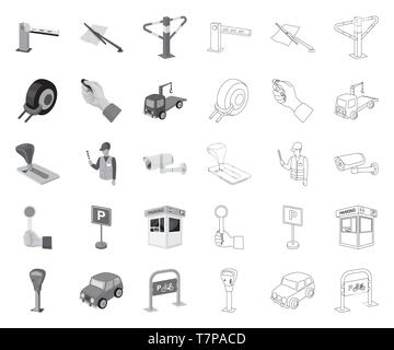 Aktivierung, Alarm, Kunst, Telefonzentrale, Barricade, Schranke, Fahrrad, Stand, Kamera, Auto, Klammer, Münze, Sammlung, Konstruktion, Design, Ausstattung, feine, Hand, Besitz, Icon, Illustration, isoliert, Logo, Meter, Mono, Umrisse, bezahlt, Parken, Straße, Regel, Sicherheit, Service, Satz, Zeichen, Stop, Symbol, Maut-, Schlepp-, Getriebe-, Lkw-, Vektor-, Web-, Rad- zone Vektor Vektoren, Stock Vektor