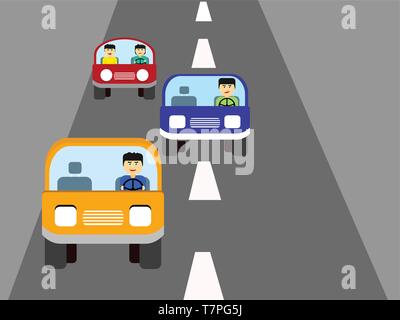 Die Menschen gehen zum Ziel mit drei Autos auf der Straße Stock Vektor